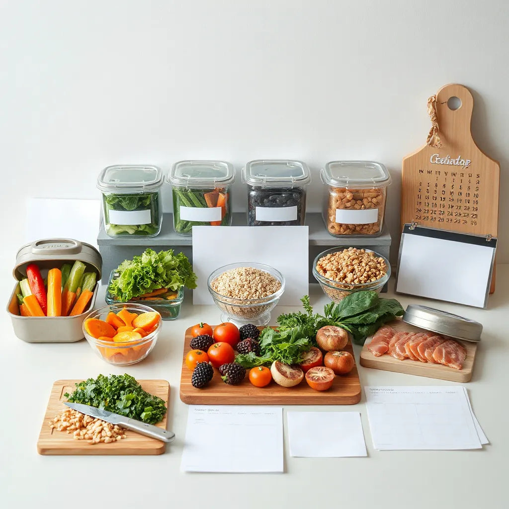 Neatly arranged meal prep containers with fresh ingredients and blank planning sheets on a kitchen counter