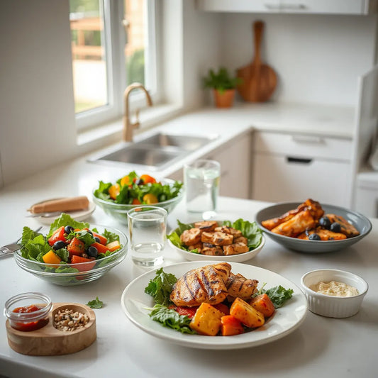 Healthy low-calorie meal bowls with colorful vegetables and grilled protein on a bright kitchen counter