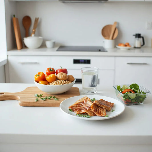 Healthy meal prep with colorful vegetables, grains, lean protein, and water on a clean kitchen counter