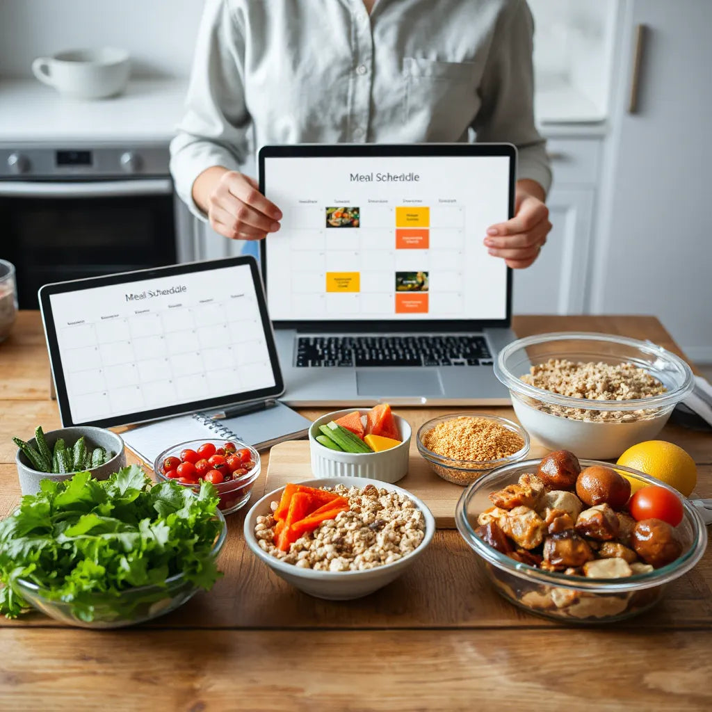 A person organizes customizable meal ingredients and meal schedule cards on a kitchen table