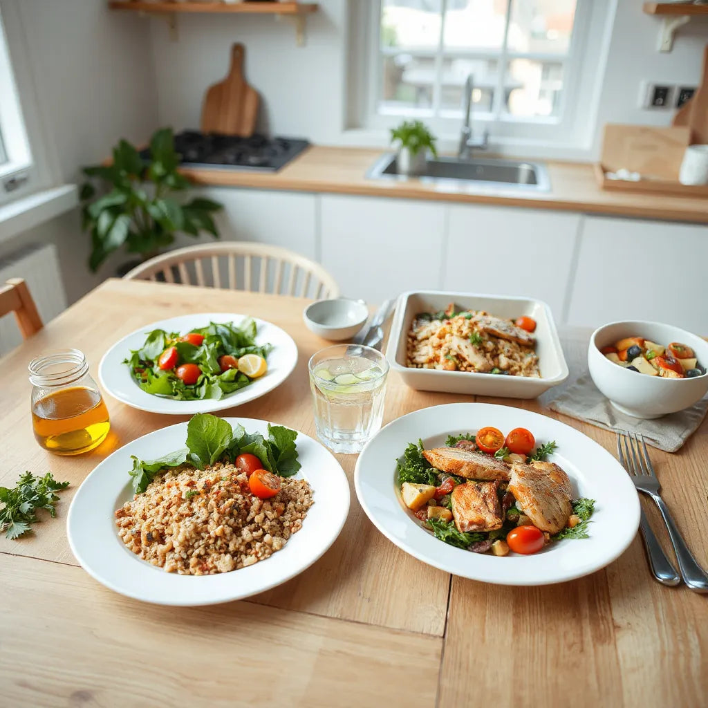 Colorful balanced meal plates with vegetables, grains, and lean protein on a wooden table.