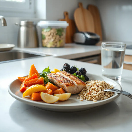 Balanced plate with lean protein, colorful vegetables, and whole grains for weight-loss eating