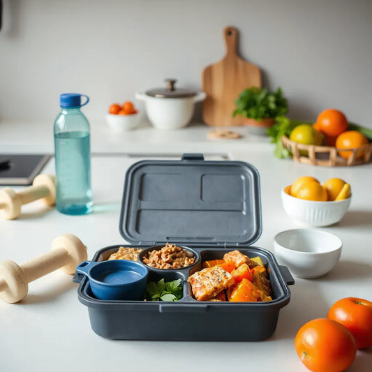 Meal prep containers with lean protein and colorful vegetables on a kitchen counter