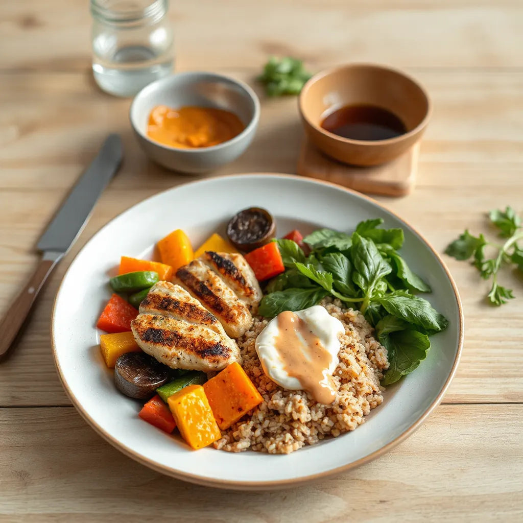 Balanced plate with colorful vegetables, whole grains, and lean protein in natural light