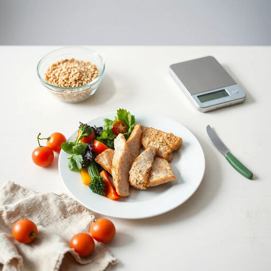 Balanced plate for calorie-controlled meals with measured portions of protein, vegetables, and grains on a kitchen table