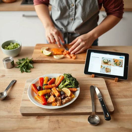 Portioned ingredients and a meal plate setup in a bright kitchen with planning on a tablet