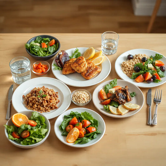 Colorful weekly meal spread with lean protein, whole grains, and vegetables on a wooden table