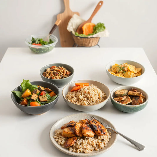 Colorful affordable healthy meals on a kitchen table with salad, grains, and roasted vegetables.