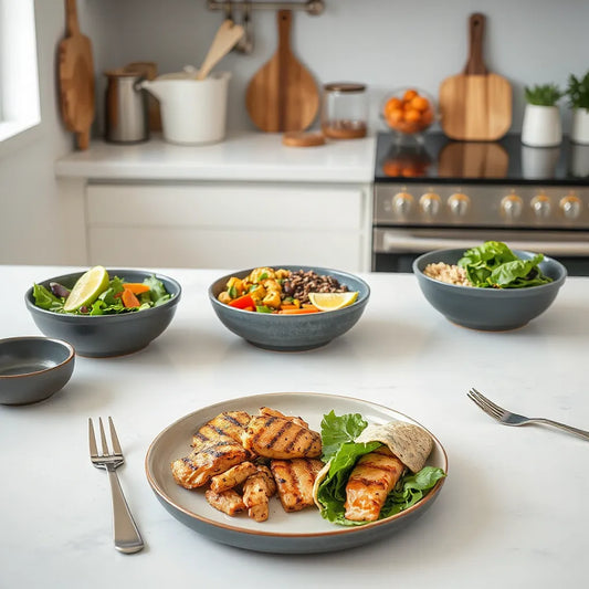 Colorful quick healthy meals on a bright kitchen countertop with fresh veggies and whole grains