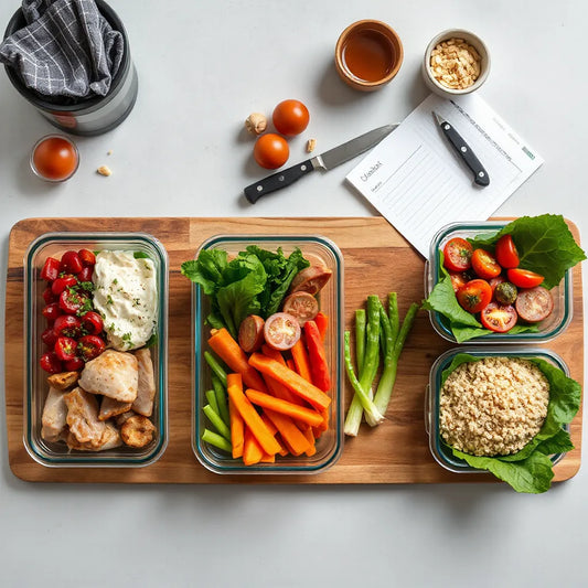 Weekly meal prep containers with proteins, vegetables, and grains arranged on a kitchen counter