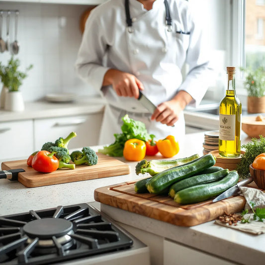 Fresh vegetables prepared for healthy cooking with grill pan and herbs on a clean kitchen counter