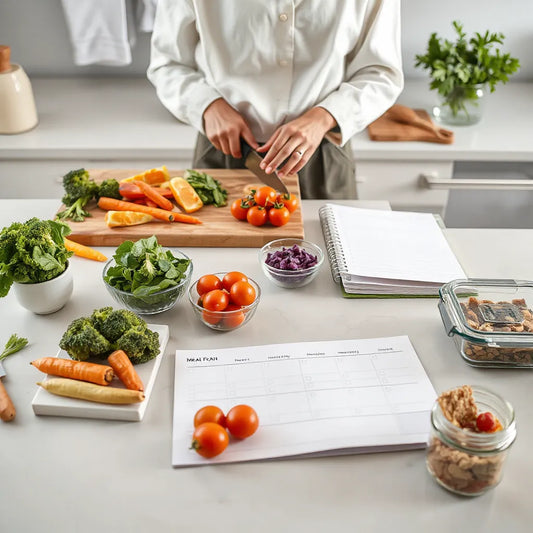 Weekly meal prep setup with measured ingredients, vegetables, and containers for weight-loss planning