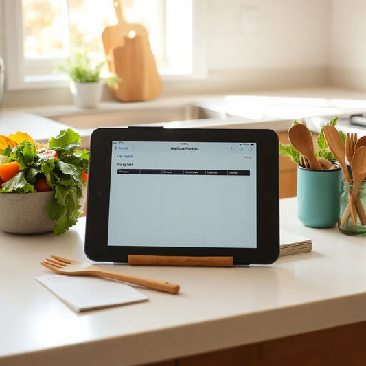 Tablet showing meal planning beside fresh colorful salad ingredients on a bright kitchen counter
