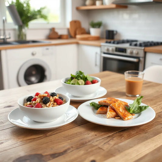 Colorful bowls and a smoothie on a kitchen table, showing quick energy-boosting meals