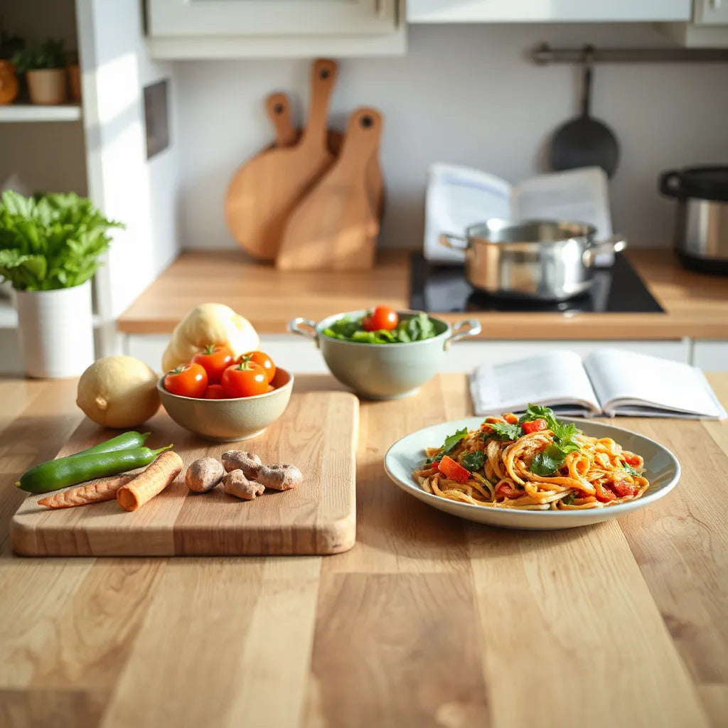 A simple homemade meal on a countertop with fresh vegetables and cooking tools for easy recipes