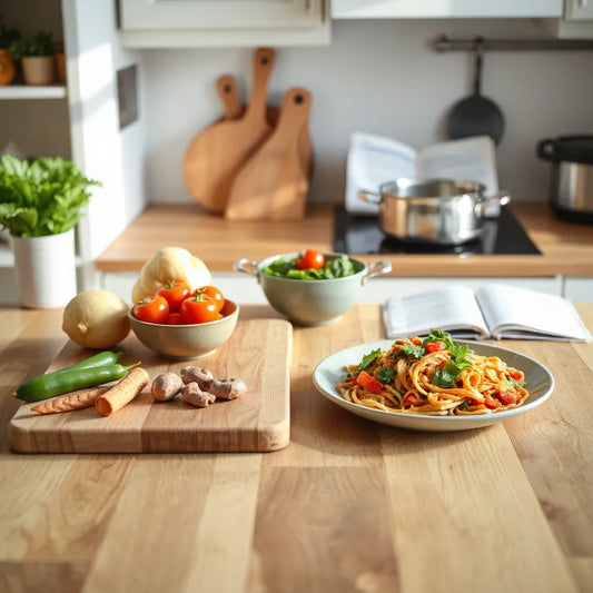 A simple homemade meal on a countertop with fresh vegetables and cooking tools for easy recipes