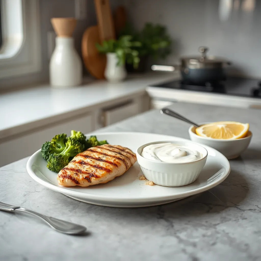 Plate of grilled chicken with roasted vegetables and quinoa on a bright kitchen countertop