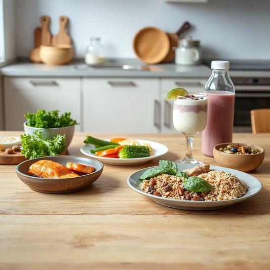 Three balanced athlete meals on a wooden table with colorful vegetables, grains, and a smoothie